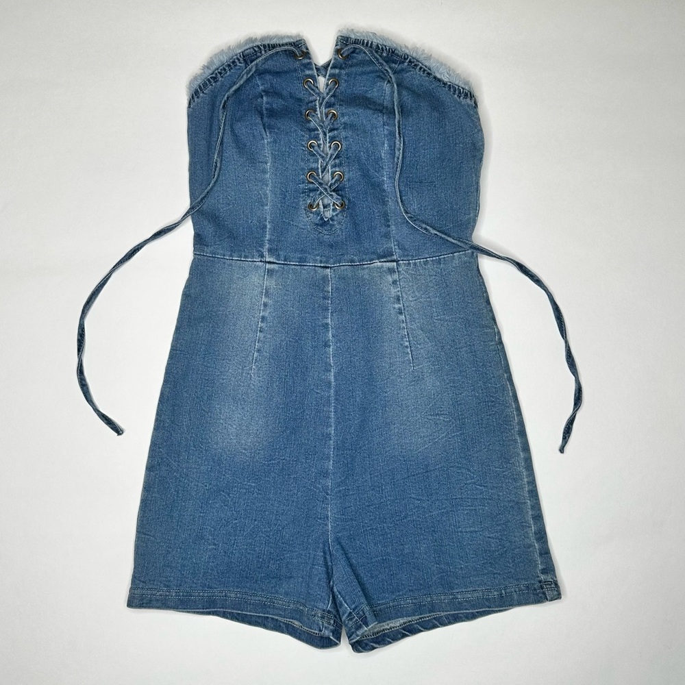 DENIM CORSET STRETCH ROMPER MINI SHORTS - SIZE S NWT